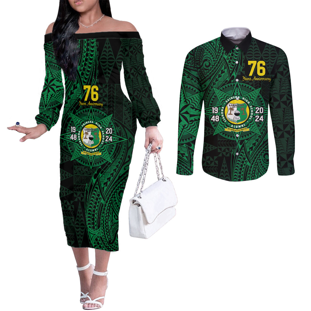 Personalised Tonga Liahona High School 76th Anniversary Couples Matching Off The Shoulder Long Sleeve Dress and Long Sleeve Button Shirt Special Kupesi Pattern LT9 Green - Polynesian Pride