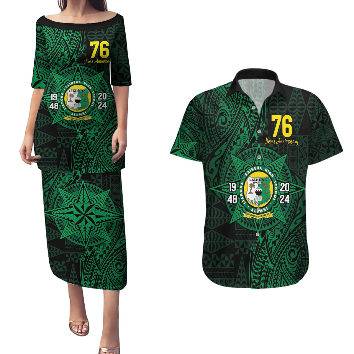 Personalised Tonga Liahona High School 76th Anniversary Couples Matching Puletasi and Hawaiian Shirt Special Kupesi Pattern LT9 Green - Polynesian Pride