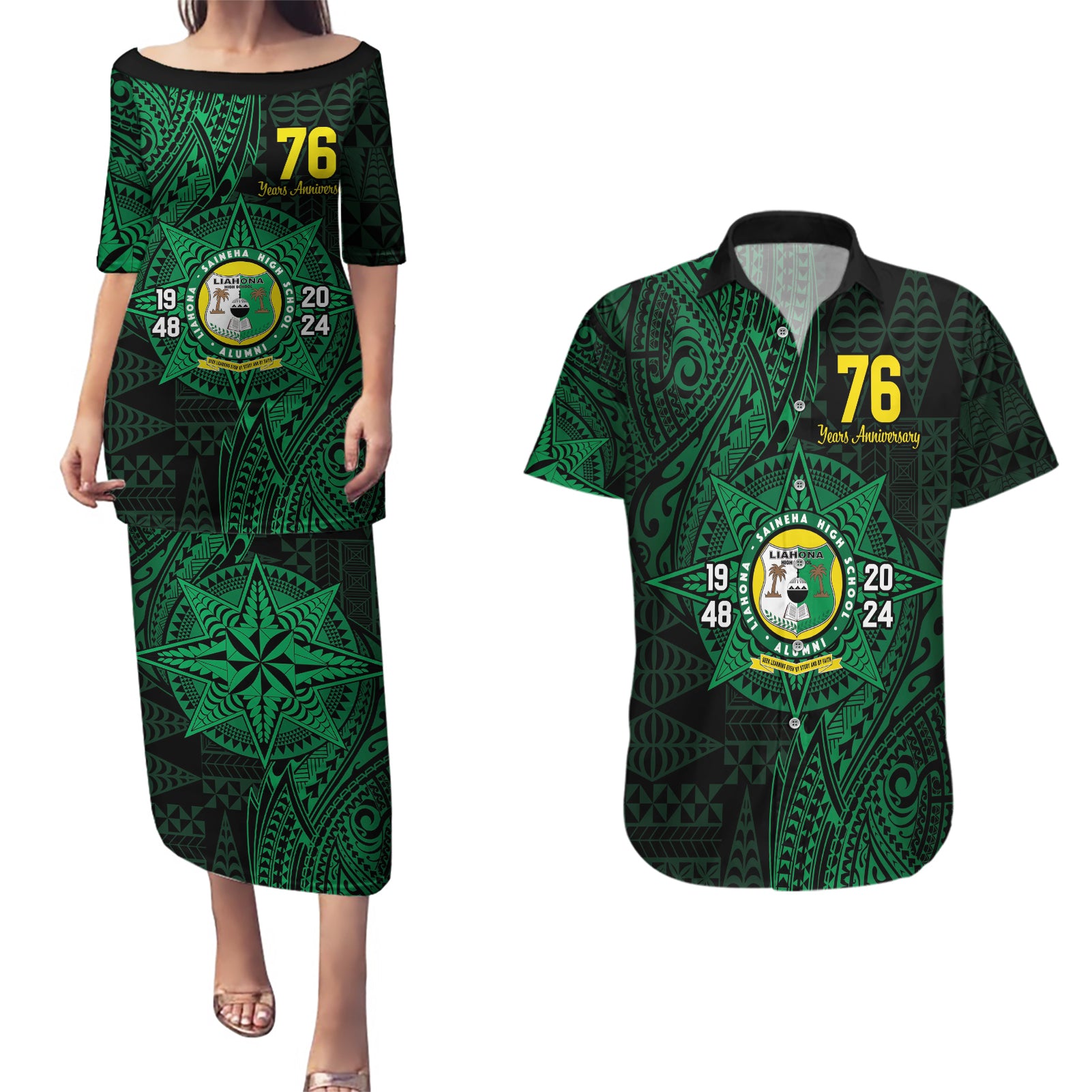 Personalised Tonga Liahona High School 76th Anniversary Couples Matching Puletasi and Hawaiian Shirt Special Kupesi Pattern