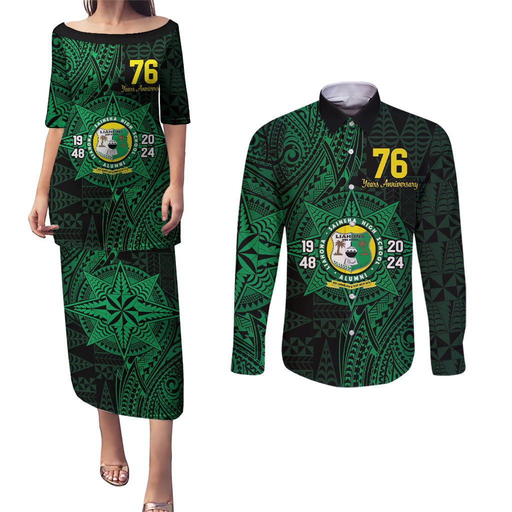 Personalised Tonga Liahona High School 76th Anniversary Couples Matching Puletasi and Long Sleeve Button Shirt Special Kupesi Pattern LT9 Green - Polynesian Pride