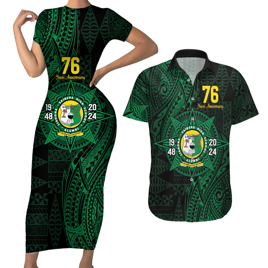 Personalised Tonga Liahona High School 76th Anniversary Couples Matching Short Sleeve Bodycon Dress and Hawaiian Shirt Special Kupesi Pattern LT9 Green - Polynesian Pride