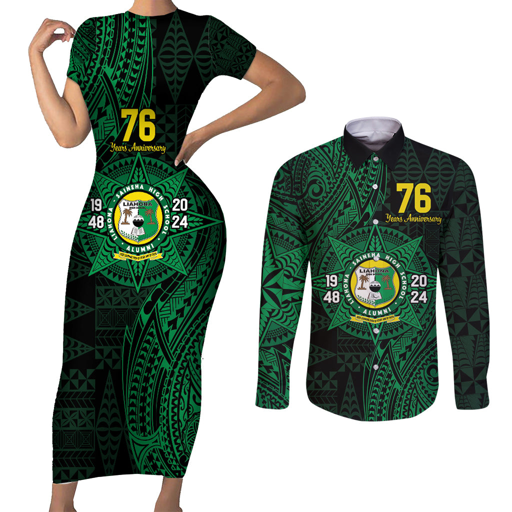 Personalised Tonga Liahona High School 76th Anniversary Couples Matching Short Sleeve Bodycon Dress and Long Sleeve Button Shirt Special Kupesi Pattern LT9 Green - Polynesian Pride