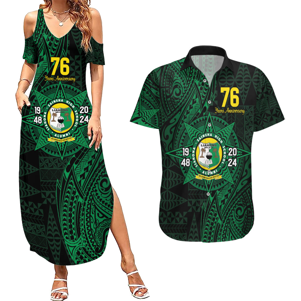 Personalised Tonga Liahona High School 76th Anniversary Couples Matching Summer Maxi Dress and Hawaiian Shirt Special Kupesi Pattern LT9 Green - Polynesian Pride