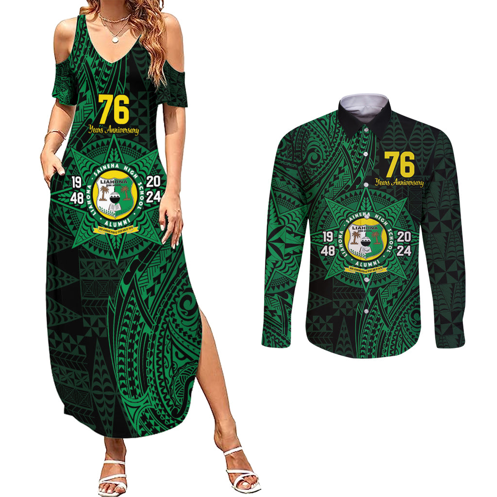 Personalised Tonga Liahona High School 76th Anniversary Couples Matching Summer Maxi Dress and Long Sleeve Button Shirt Special Kupesi Pattern LT9 Green - Polynesian Pride