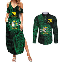 Personalised Tonga Liahona High School 76th Anniversary Couples Matching Summer Maxi Dress and Long Sleeve Button Shirt Special Kupesi Pattern LT9 Green - Polynesian Pride