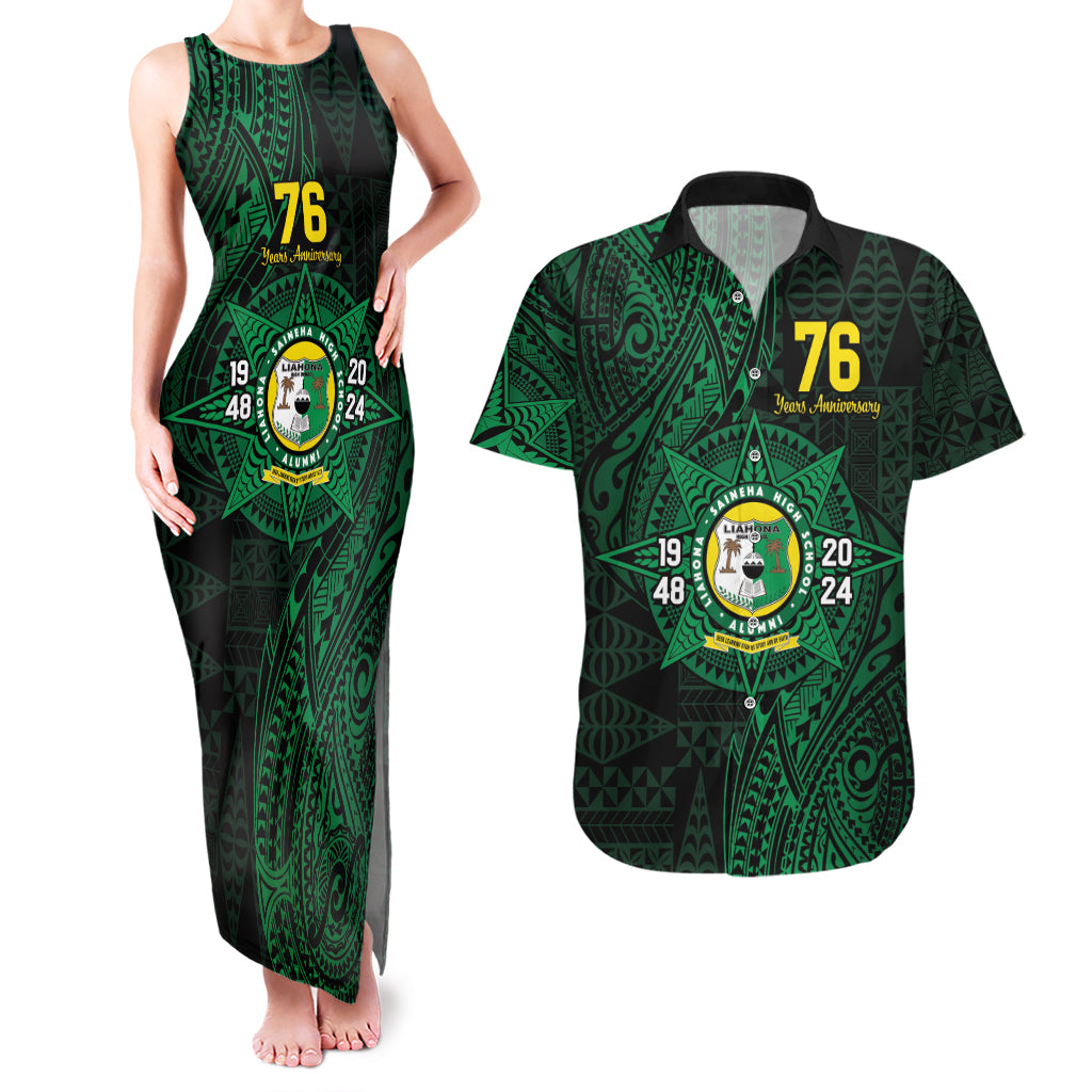 Personalised Tonga Liahona High School 76th Anniversary Couples Matching Tank Maxi Dress and Hawaiian Shirt Special Kupesi Pattern LT9 Green - Polynesian Pride