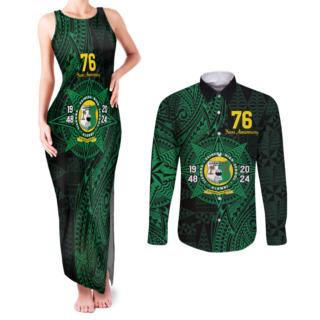 Personalised Tonga Liahona High School 76th Anniversary Couples Matching Tank Maxi Dress and Long Sleeve Button Shirt Special Kupesi Pattern