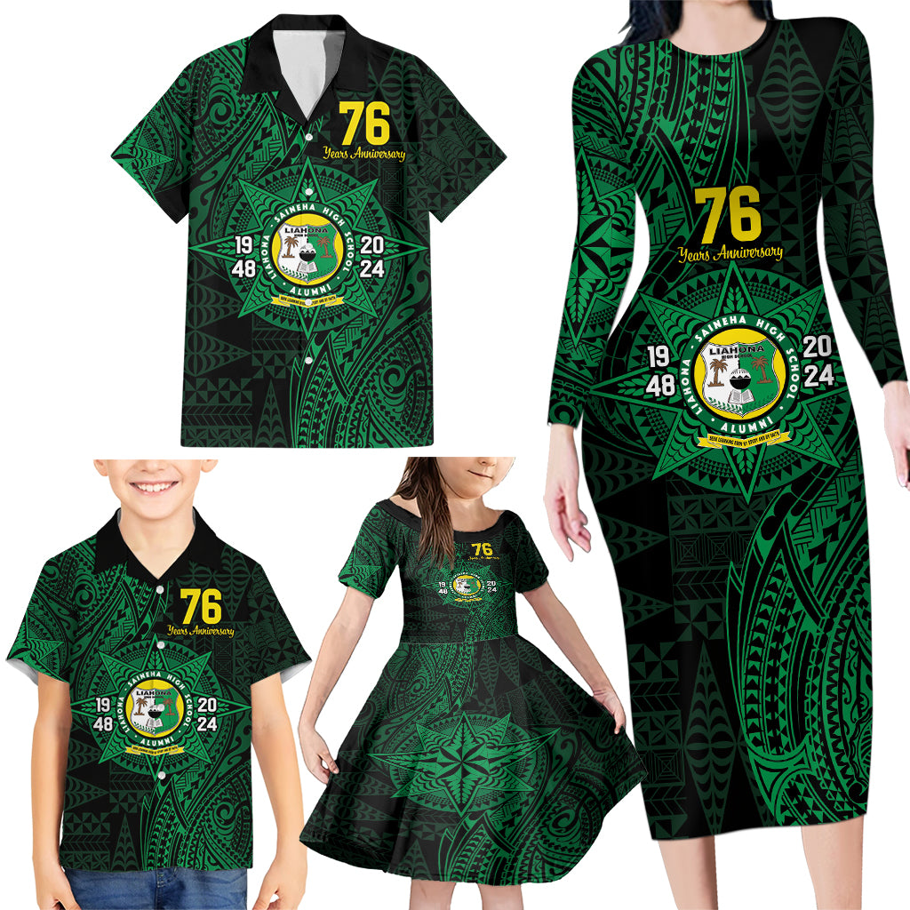 Personalised Tonga Liahona High School 76th Anniversary Family Matching Long Sleeve Bodycon Dress and Hawaiian Shirt Special Kupesi Pattern LT9 - Polynesian Pride