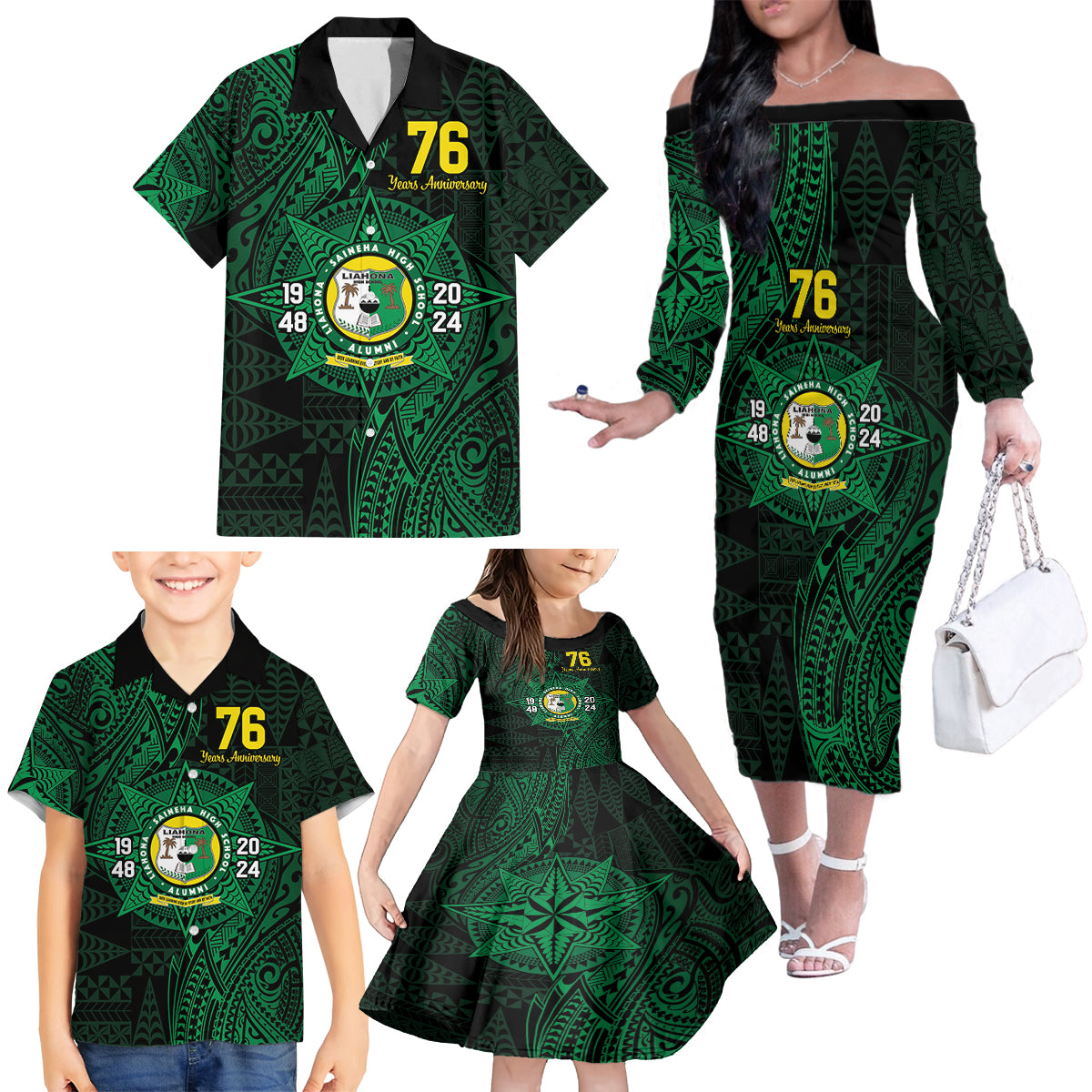 Personalised Tonga Liahona High School 76th Anniversary Family Matching Off The Shoulder Long Sleeve Dress and Hawaiian Shirt Special Kupesi Pattern