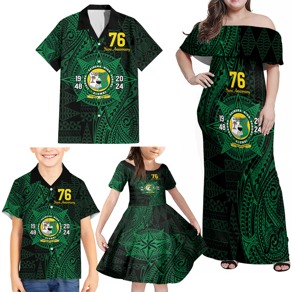 Personalised Tonga Liahona High School 76th Anniversary Family Matching Off Shoulder Maxi Dress and Hawaiian Shirt Special Kupesi Pattern