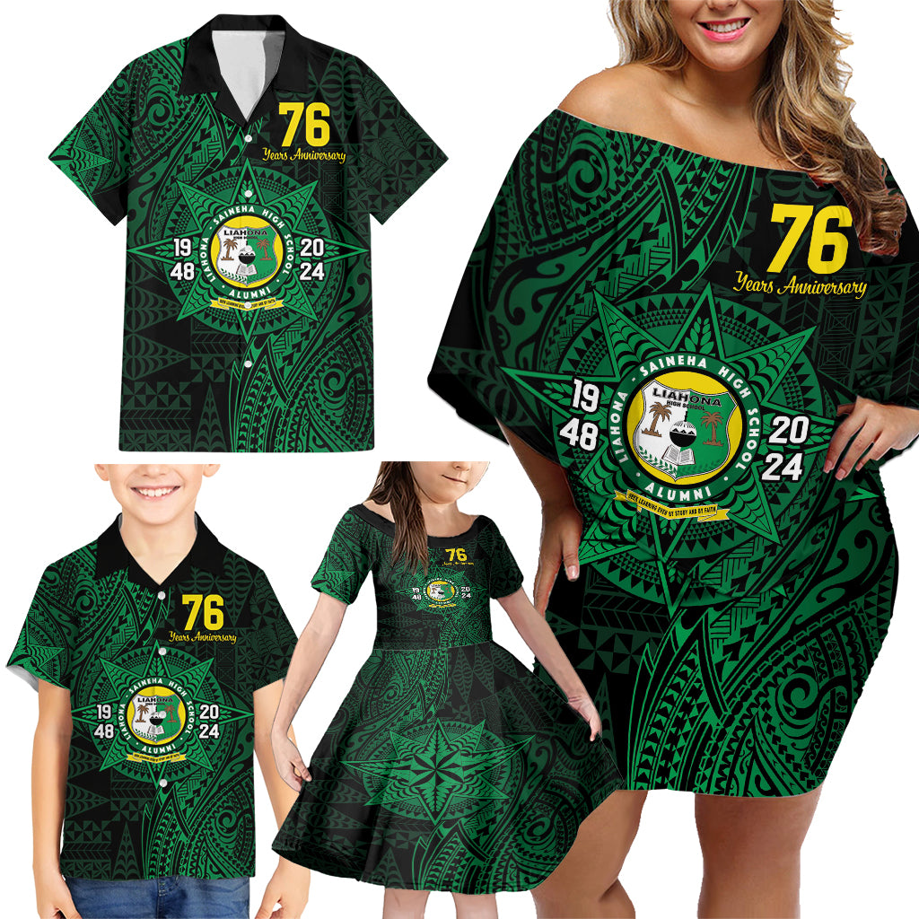 Personalised Tonga Liahona High School 76th Anniversary Family Matching Off Shoulder Short Dress and Hawaiian Shirt Special Kupesi Pattern