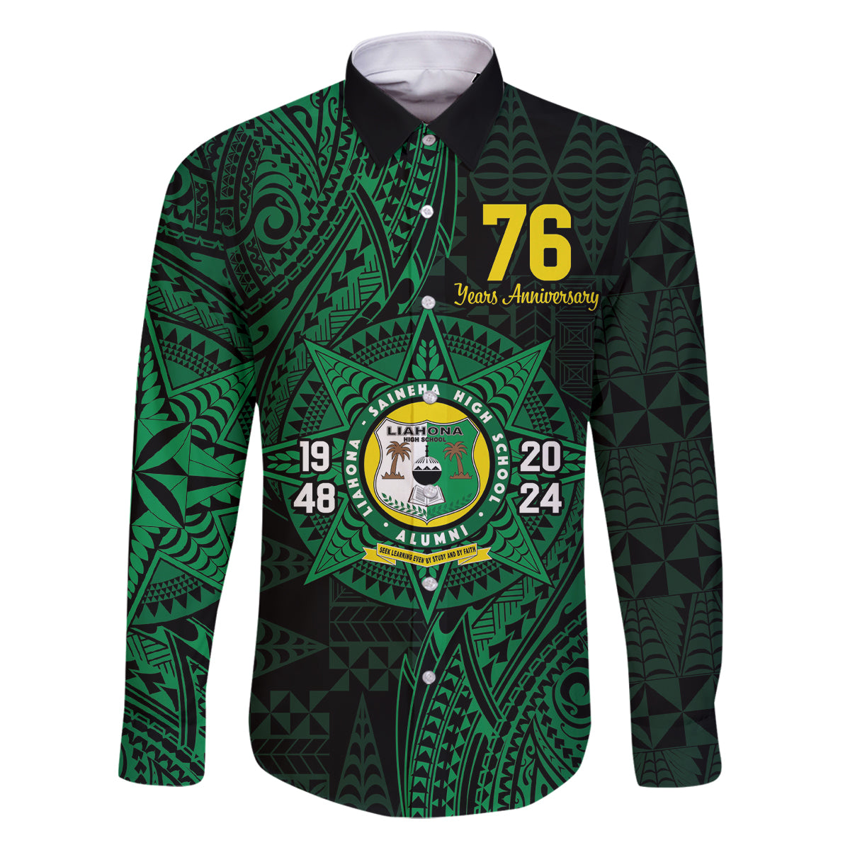 Personalised Tonga Liahona High School 76th Anniversary Family Matching Puletasi and Hawaiian Shirt Special Kupesi Pattern LT9 Dad's Shirt - Long Sleeve Green - Polynesian Pride