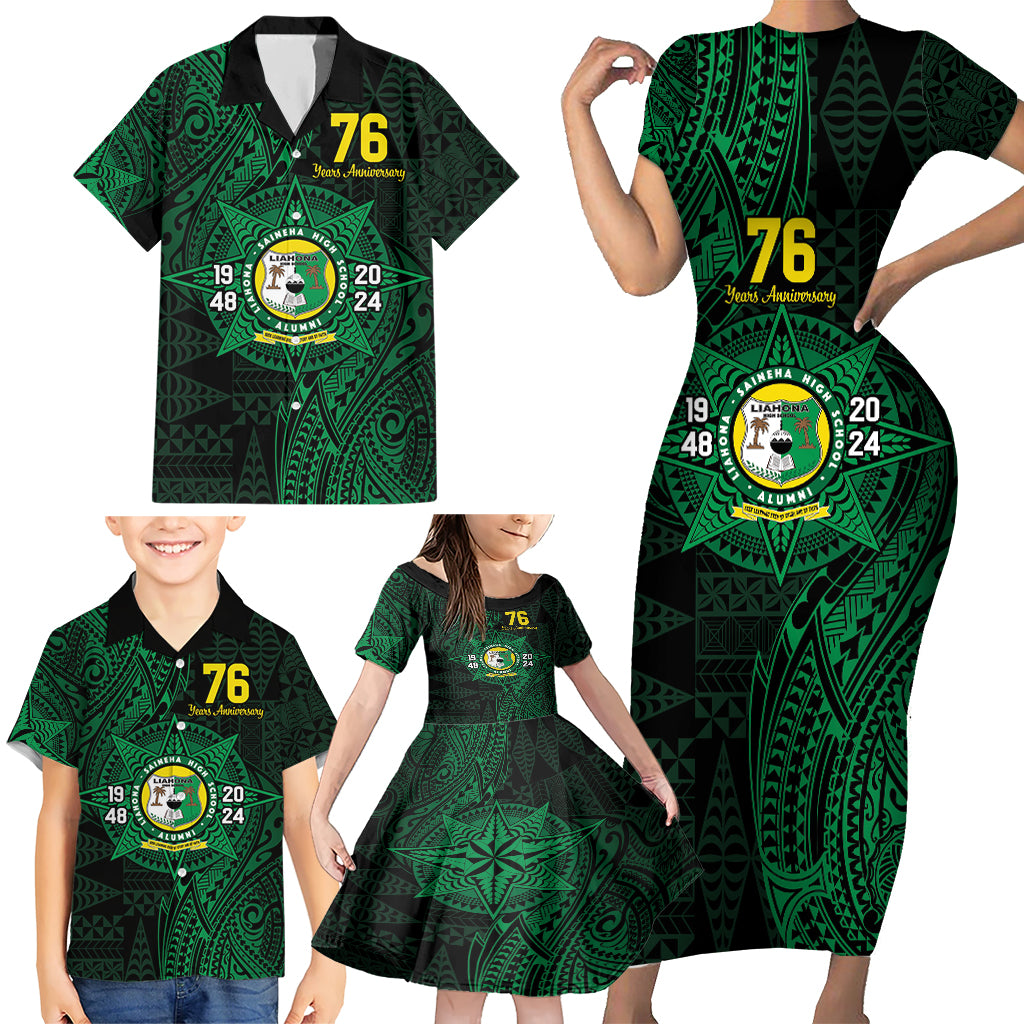 Personalised Tonga Liahona High School 76th Anniversary Family Matching Short Sleeve Bodycon Dress and Hawaiian Shirt Special Kupesi Pattern LT9 - Polynesian Pride