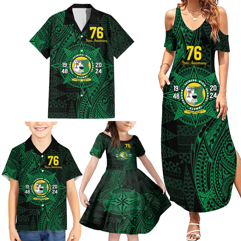 Personalised Tonga Liahona High School 76th Anniversary Family Matching Summer Maxi Dress and Hawaiian Shirt Special Kupesi Pattern