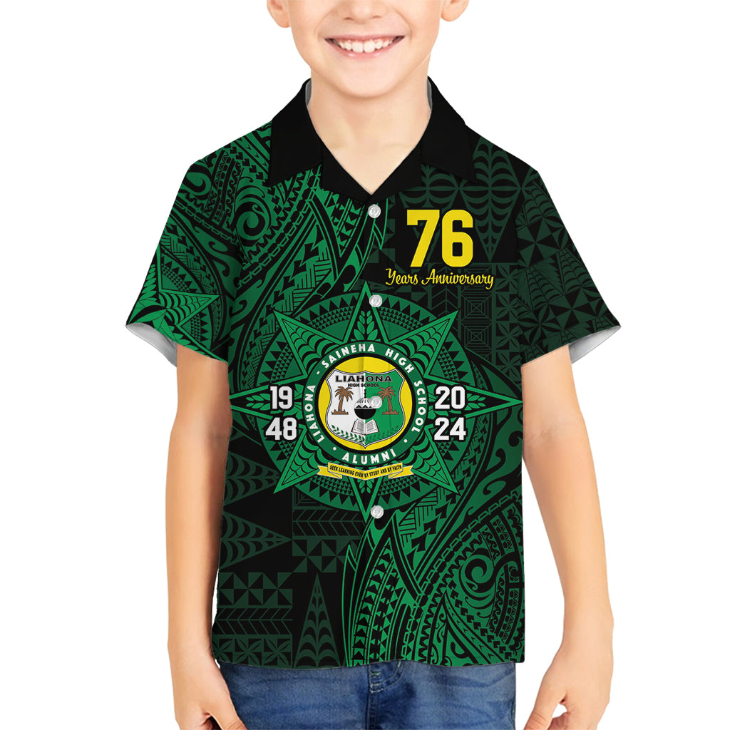 Personalised Tonga Liahona High School 76th Anniversary Family Matching Summer Maxi Dress and Hawaiian Shirt Special Kupesi Pattern LT9 Son's Shirt Green - Polynesian Pride