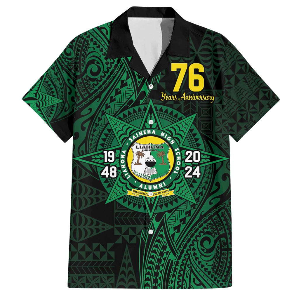 Personalised Tonga Liahona High School 76th Anniversary Hawaiian Shirt Special Kupesi Pattern LT9 Green - Polynesian Pride