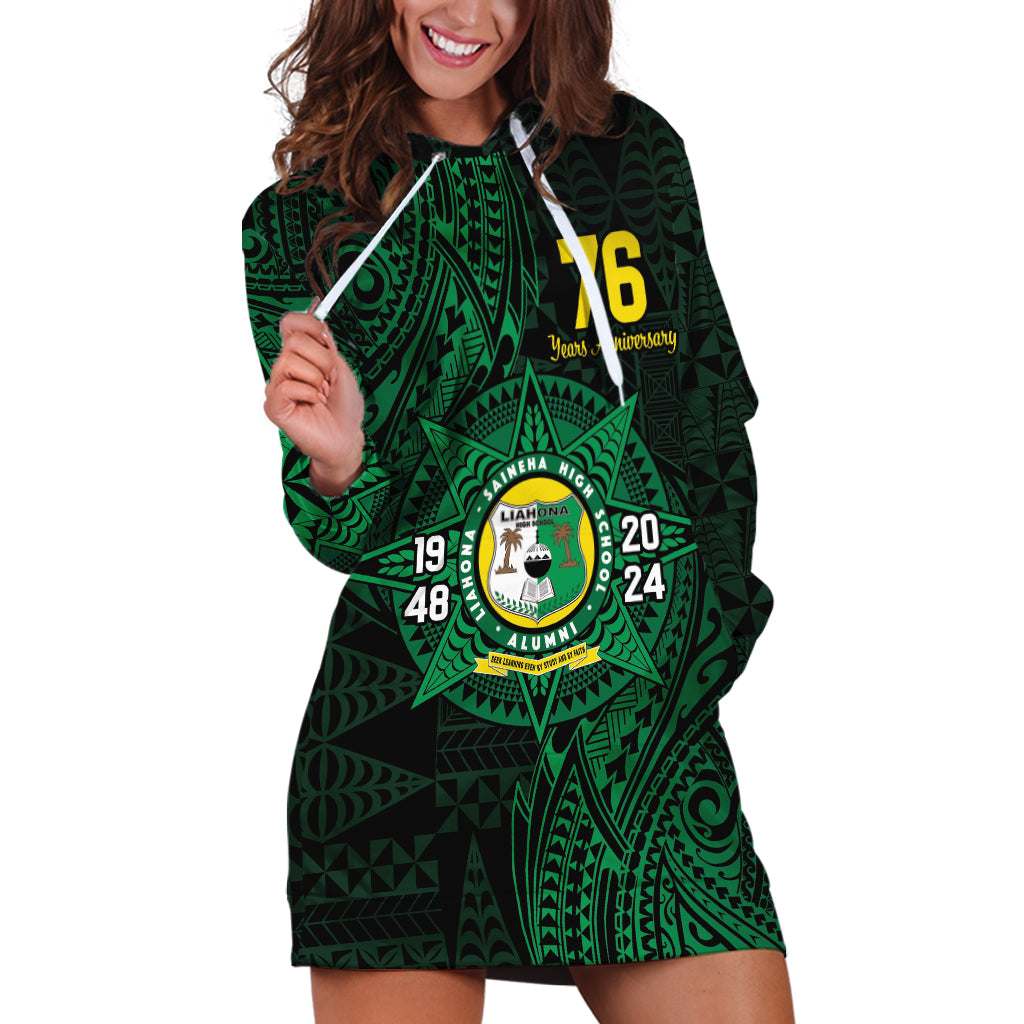 Personalised Tonga Liahona High School 76th Anniversary Hoodie Dress Special Kupesi Pattern LT9 Green - Polynesian Pride