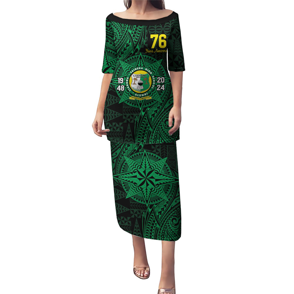 Personalised Tonga Liahona High School 76th Anniversary Puletasi Special Kupesi Pattern LT9 Long Dress Green - Polynesian Pride