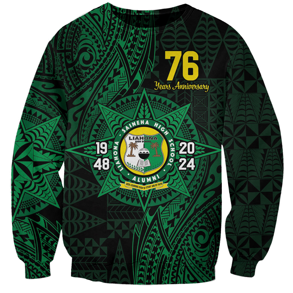 Personalised Tonga Liahona High School 76th Anniversary Sweatshirt Special Kupesi Pattern LT9 Unisex Green - Polynesian Pride