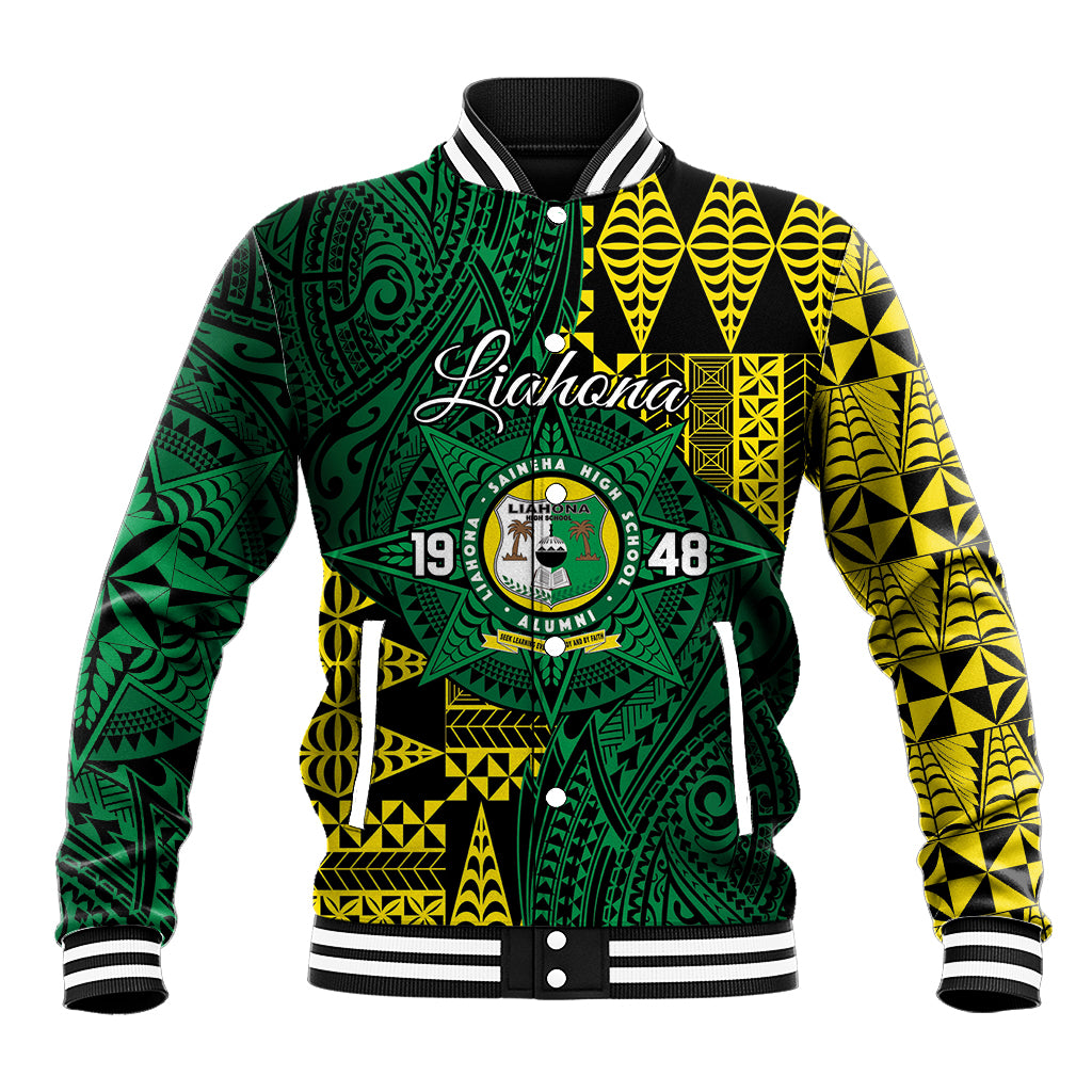Personalised Tonga Liahona High School Baseball Jacket Since 1948 Special Kupesi Pattern LT9 Unisex Green - Polynesian Pride