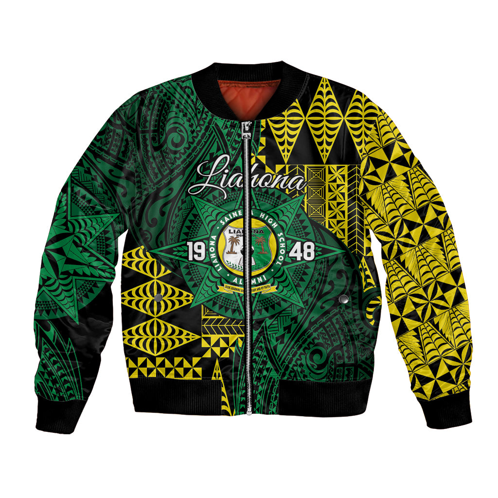 Personalised Tonga Liahona High School Bomber Jacket Since 1948 Special Kupesi Pattern LT9 Unisex Green - Polynesian Pride