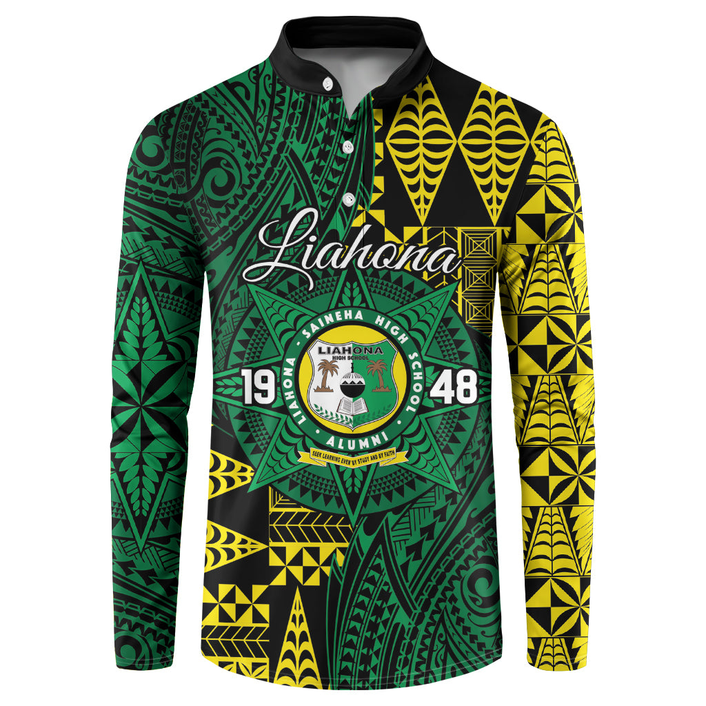 Personalised Tonga Liahona High School Button Sweatshirt Since 1948 Special Kupesi Pattern LT9 Green - Polynesian Pride