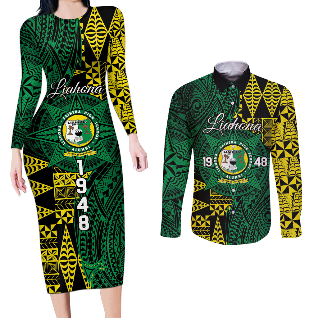 Personalised Tonga Liahona High School Couples Matching Long Sleeve Bodycon Dress and Long Sleeve Button Shirt Since 1948 Special Kupesi Pattern LT9 Green - Polynesian Pride