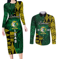 Personalised Tonga Liahona High School Couples Matching Long Sleeve Bodycon Dress and Long Sleeve Button Shirt Since 1948 Special Kupesi Pattern LT9 Green - Polynesian Pride