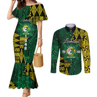 Personalised Tonga Liahona High School Couples Matching Mermaid Dress and Long Sleeve Button Shirt Since 1948 Special Kupesi Pattern LT9 Green - Polynesian Pride