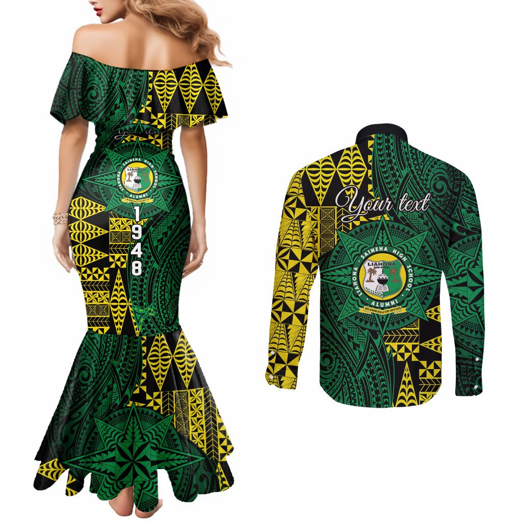 Personalised Tonga Liahona High School Couples Matching Mermaid Dress and Long Sleeve Button Shirt Since 1948 Special Kupesi Pattern LT9 - Polynesian Pride