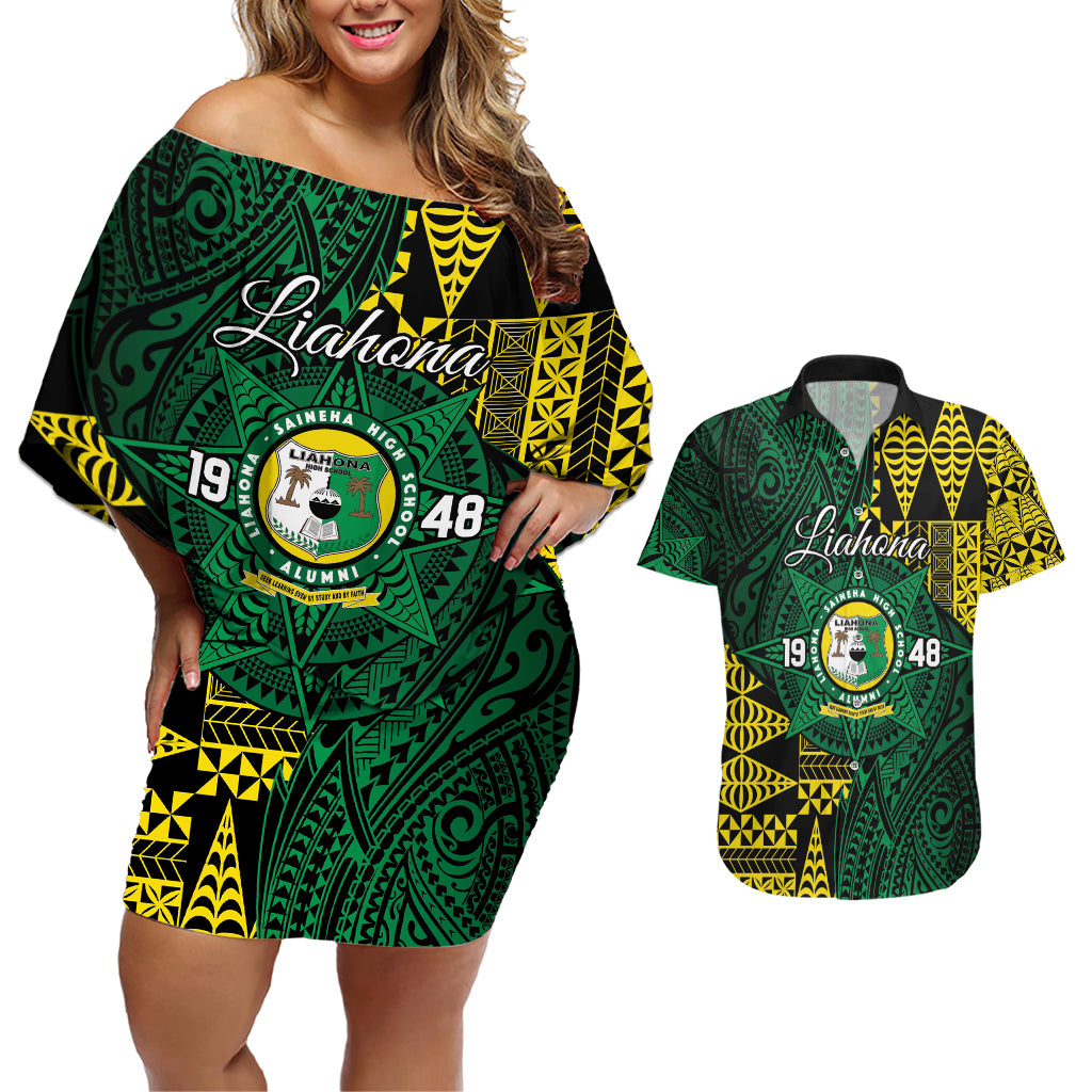 Personalised Tonga Liahona High School Couples Matching Off Shoulder Short Dress and Hawaiian Shirt Since 1948 Special Kupesi Pattern