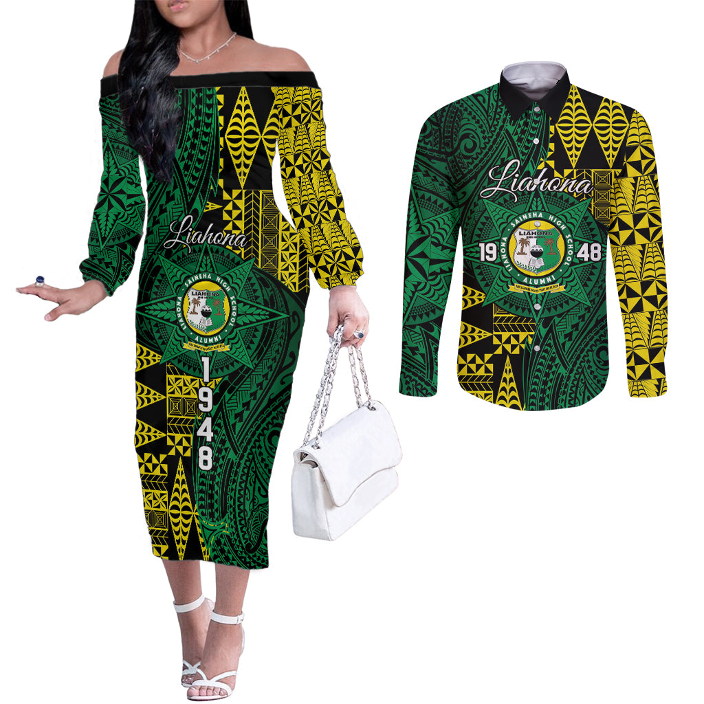 Personalised Tonga Liahona High School Couples Matching Off The Shoulder Long Sleeve Dress and Long Sleeve Button Shirt Since 1948 Special Kupesi Pattern LT9 Green - Polynesian Pride
