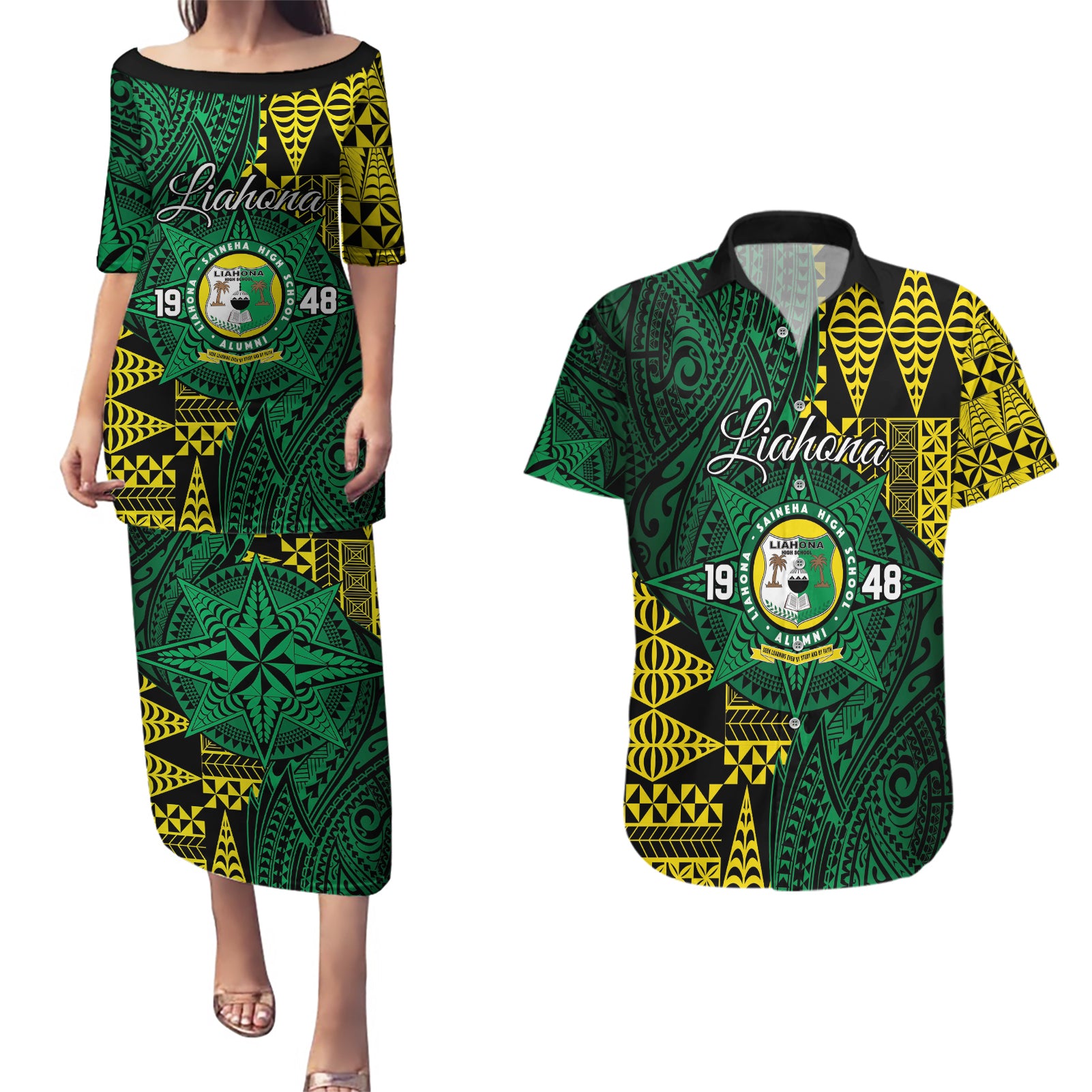 Personalised Tonga Liahona High School Couples Matching Puletasi and Hawaiian Shirt Since 1948 Special Kupesi Pattern