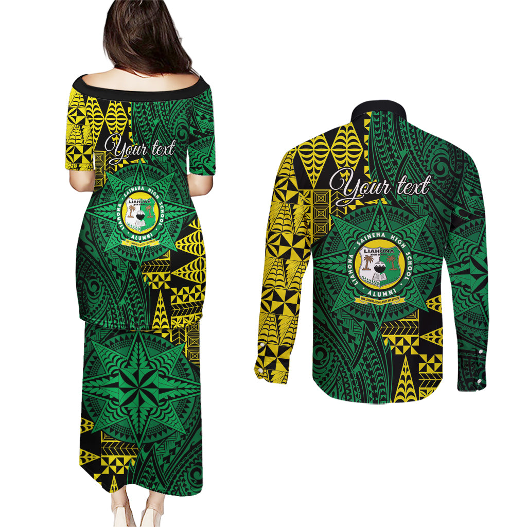 Personalised Tonga Liahona High School Couples Matching Puletasi and Long Sleeve Button Shirt Since 1948 Special Kupesi Pattern LT9 - Polynesian Pride