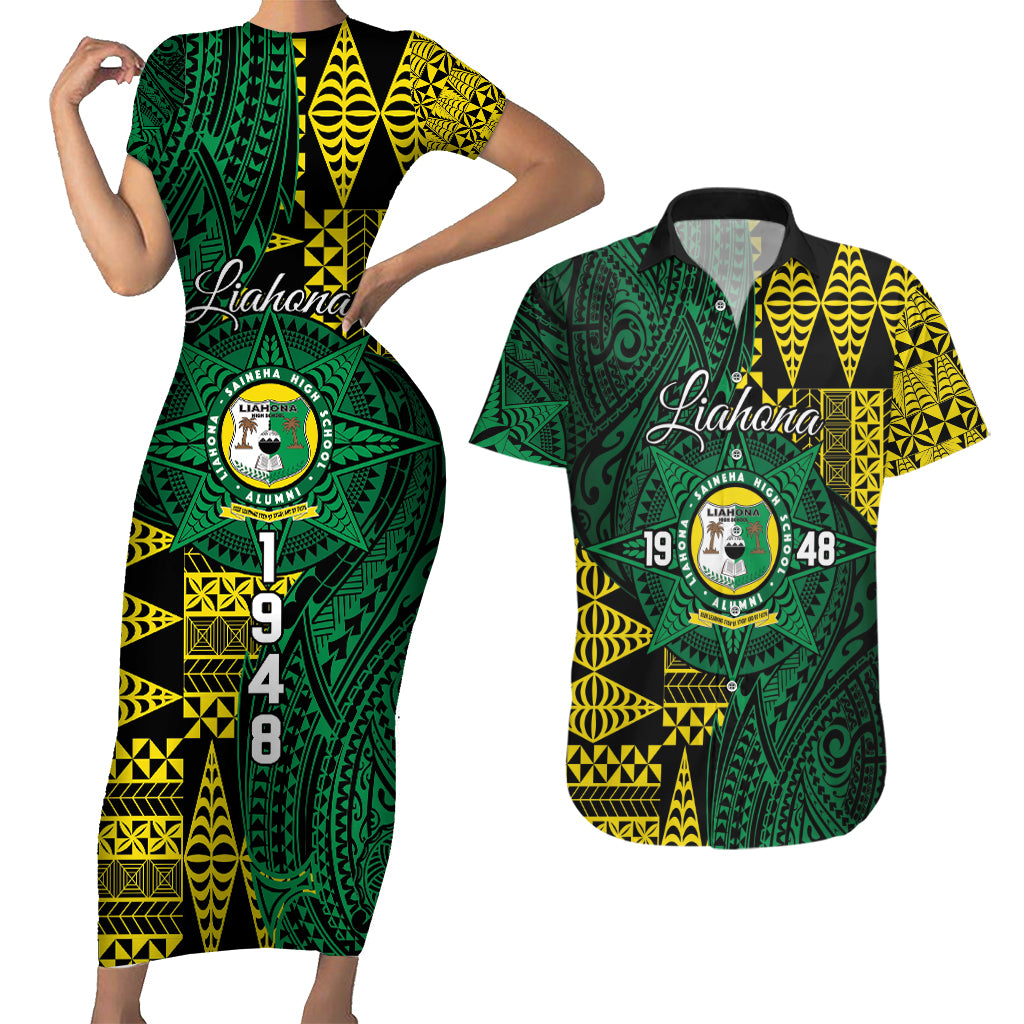 Personalised Tonga Liahona High School Couples Matching Short Sleeve Bodycon Dress and Hawaiian Shirt Since 1948 Special Kupesi Pattern LT9 Green - Polynesian Pride