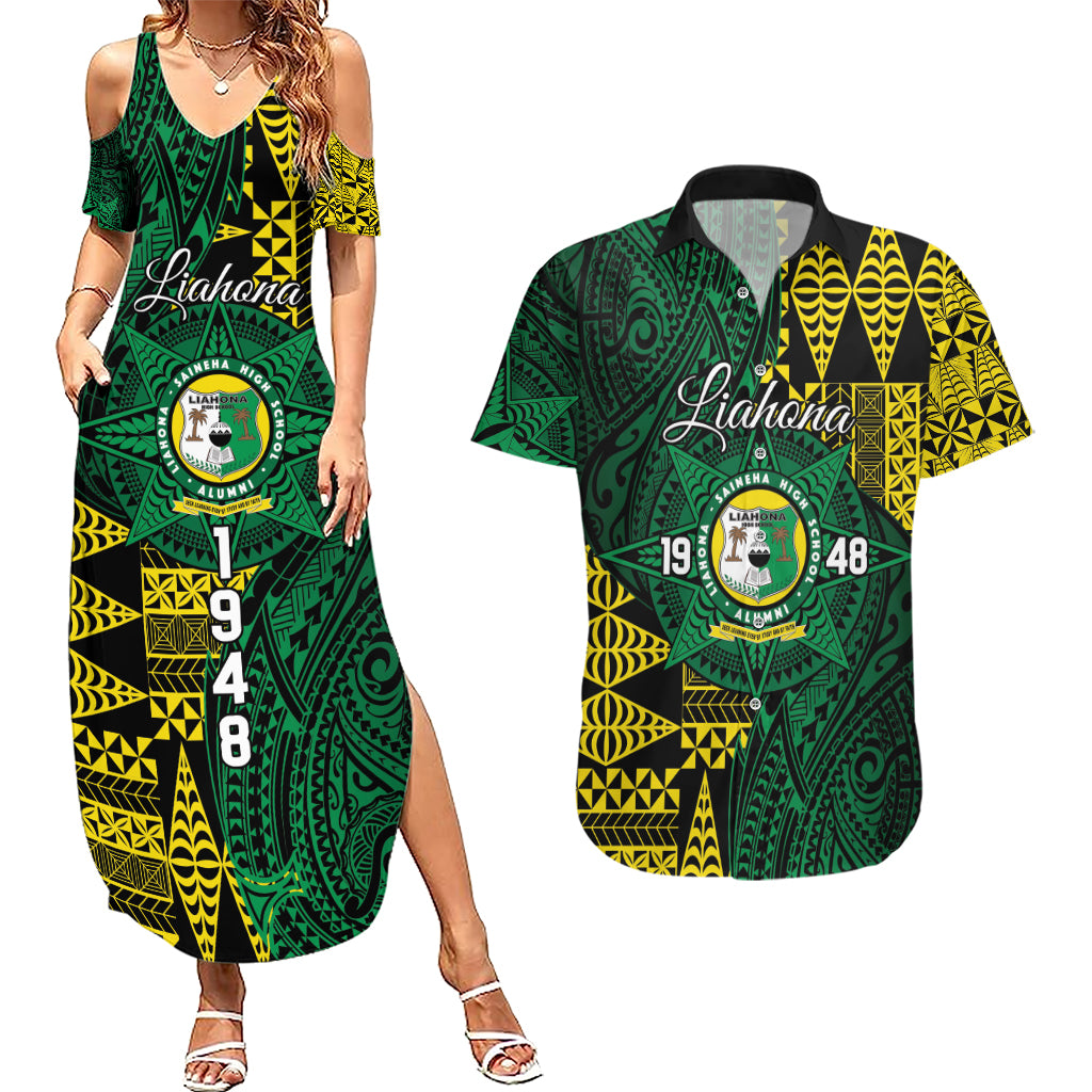 Personalised Tonga Liahona High School Couples Matching Summer Maxi Dress and Hawaiian Shirt Since 1948 Special Kupesi Pattern LT9 Green - Polynesian Pride