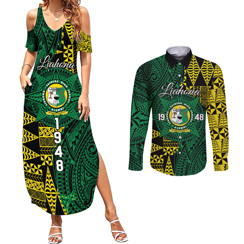Personalised Tonga Liahona High School Couples Matching Summer Maxi Dress and Long Sleeve Button Shirt Since 1948 Special Kupesi Pattern LT9 Green - Polynesian Pride