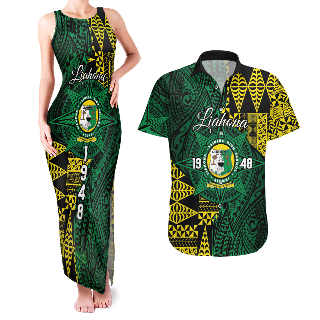 Personalised Tonga Liahona High School Couples Matching Tank Maxi Dress and Hawaiian Shirt Since 1948 Special Kupesi Pattern LT9 Green - Polynesian Pride