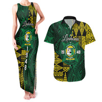Personalised Tonga Liahona High School Couples Matching Tank Maxi Dress and Hawaiian Shirt Since 1948 Special Kupesi Pattern LT9 Green - Polynesian Pride