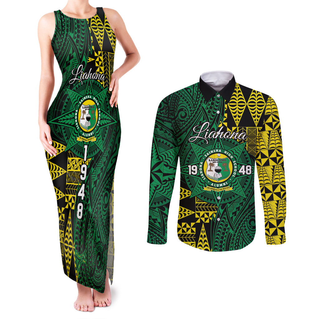 Personalised Tonga Liahona High School Couples Matching Tank Maxi Dress and Long Sleeve Button Shirt Since 1948 Special Kupesi Pattern LT9 Green - Polynesian Pride