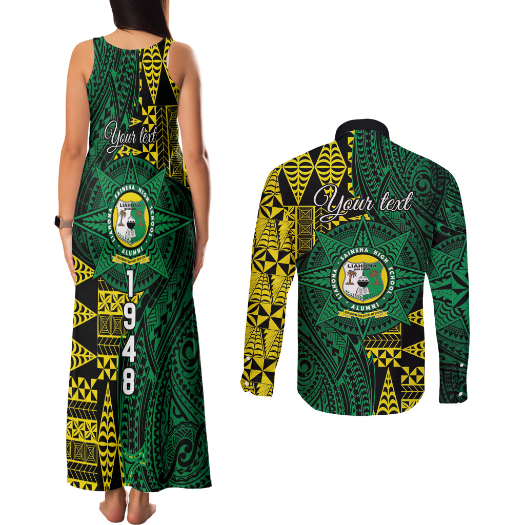 Personalised Tonga Liahona High School Couples Matching Tank Maxi Dress and Long Sleeve Button Shirt Since 1948 Special Kupesi Pattern LT9 - Polynesian Pride