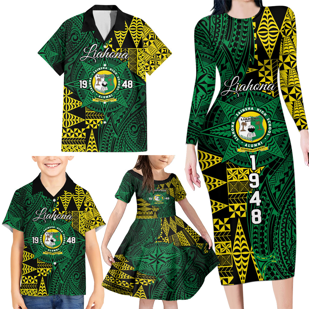 Personalised Tonga Liahona High School Family Matching Long Sleeve Bodycon Dress and Hawaiian Shirt Since 1948 Special Kupesi Pattern