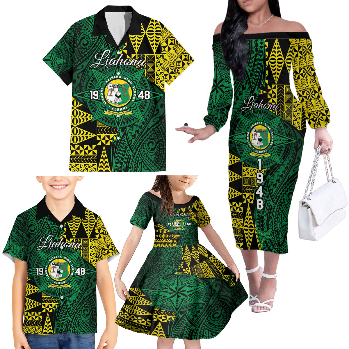 Personalised Tonga Liahona High School Family Matching Off The Shoulder Long Sleeve Dress and Hawaiian Shirt Since 1948 Special Kupesi Pattern