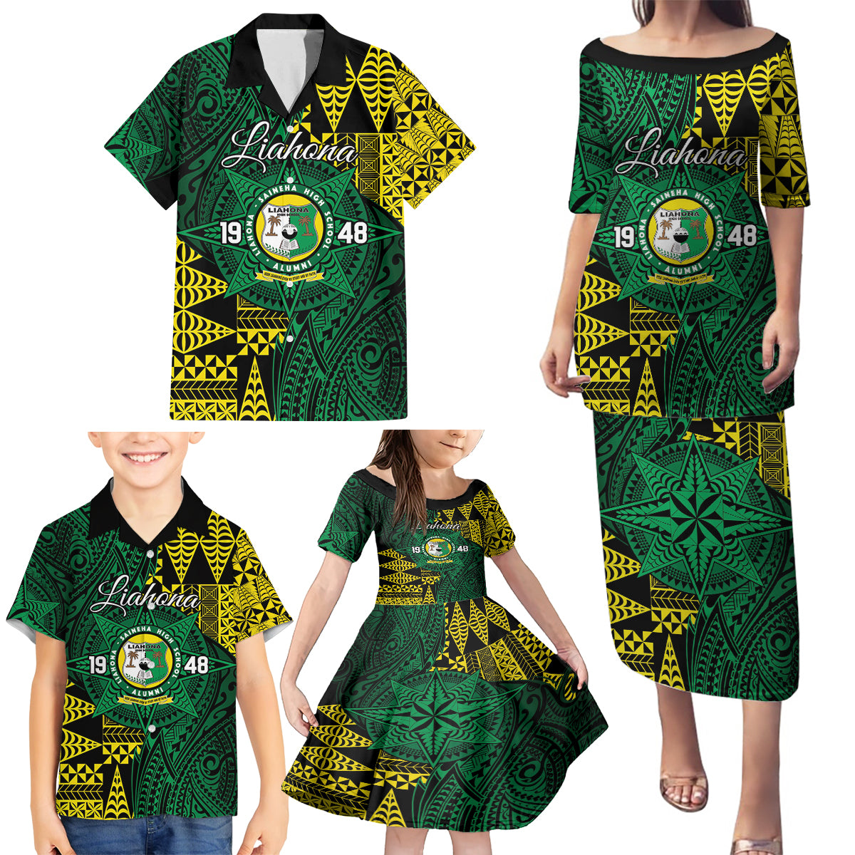 Personalised Tonga Liahona High School Family Matching Puletasi and Hawaiian Shirt Since 1948 Special Kupesi Pattern LT9 - Polynesian Pride