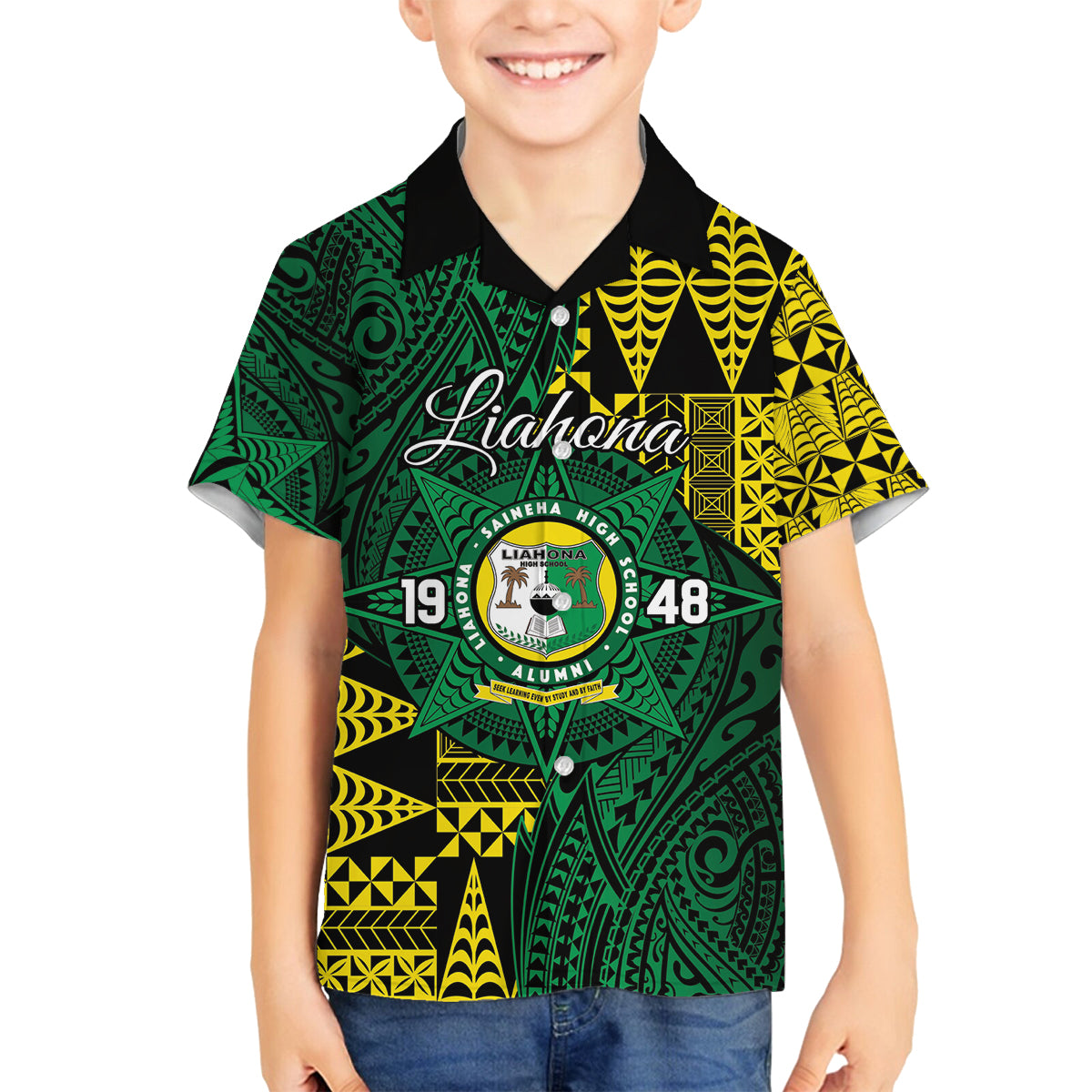 Personalised Tonga Liahona High School Family Matching Puletasi and Hawaiian Shirt Since 1948 Special Kupesi Pattern LT9 Son's Shirt Green - Polynesian Pride