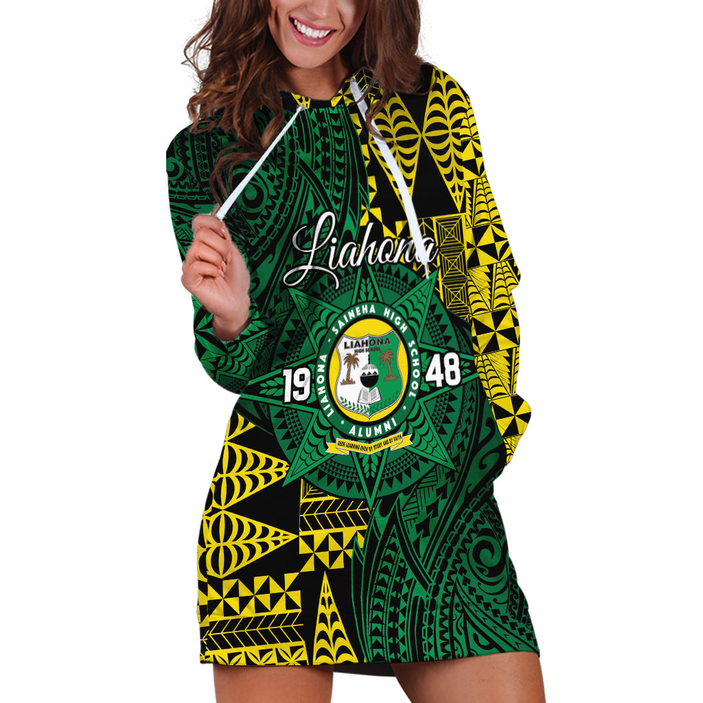 Personalised Tonga Liahona High School Hoodie Dress Since 1948 Special Kupesi Pattern LT9 Green - Polynesian Pride