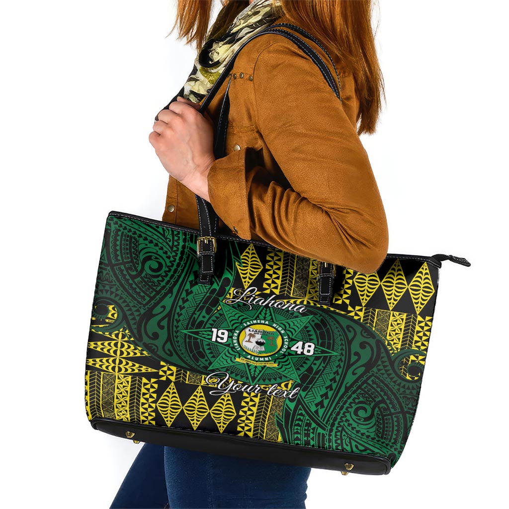 Personalised Tonga Liahona High School Leather Tote Bag Since 1948 Special Kupesi Pattern LT9 Green - Polynesian Pride