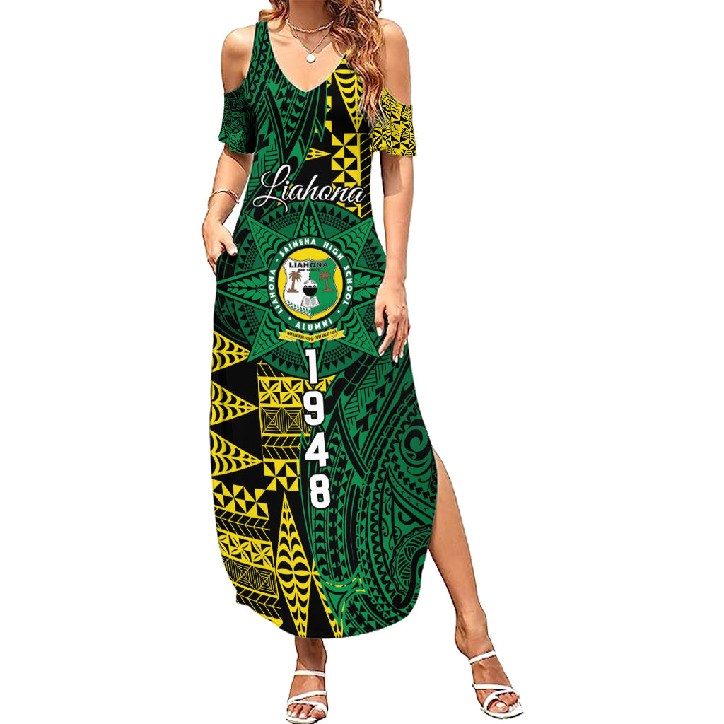 Personalised Tonga Liahona High School Summer Maxi Dress Since 1948 Special Kupesi Pattern LT9 Women Green - Polynesian Pride