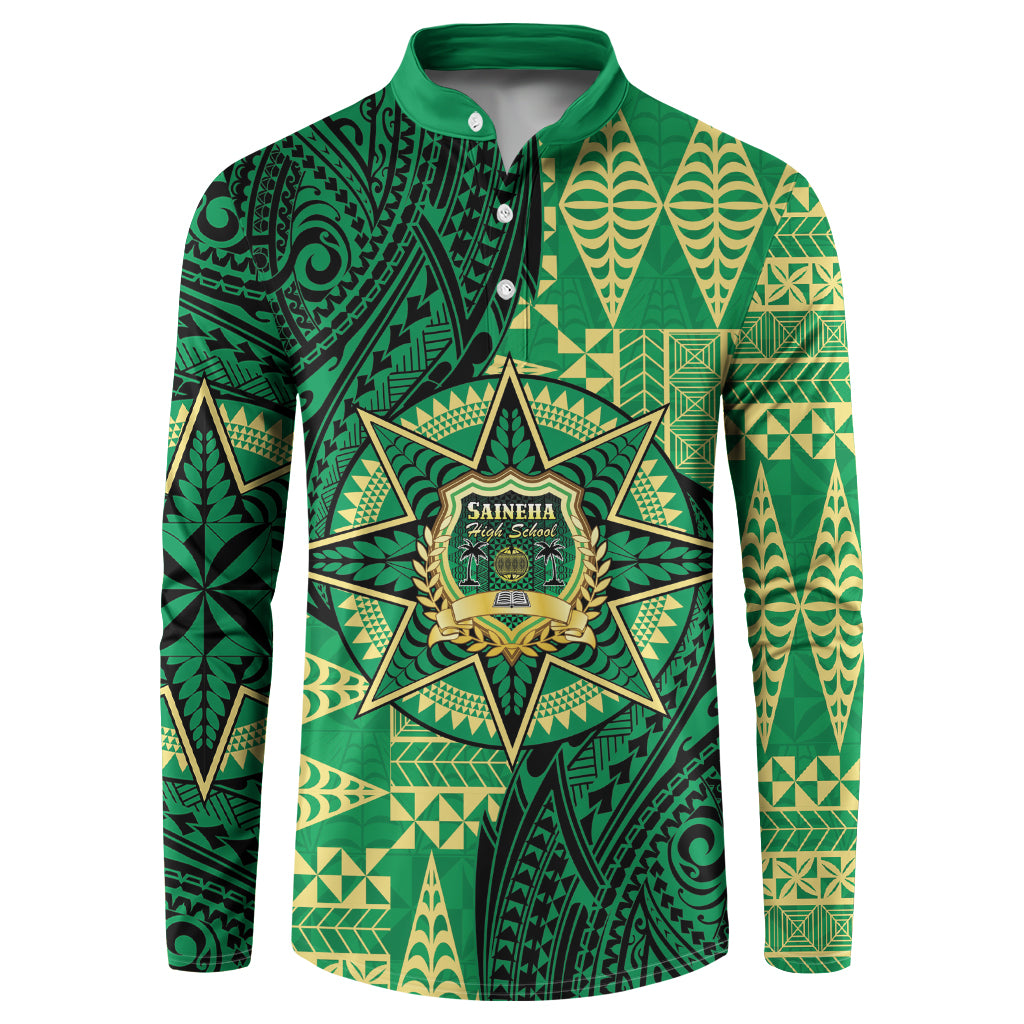 Personalised Tonga Saineha High School Button Sweatshirt Since 1978 Special Kupesi Pattern LT9 Green - Polynesian Pride