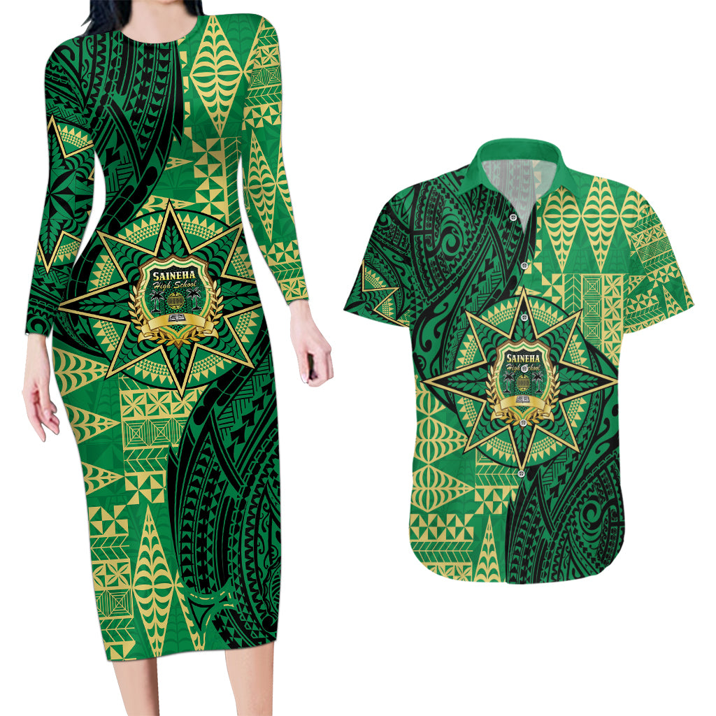 Personalised Tonga Saineha High School Couples Matching Long Sleeve Bodycon Dress and Hawaiian Shirt Since 1978 Special Kupesi Pattern